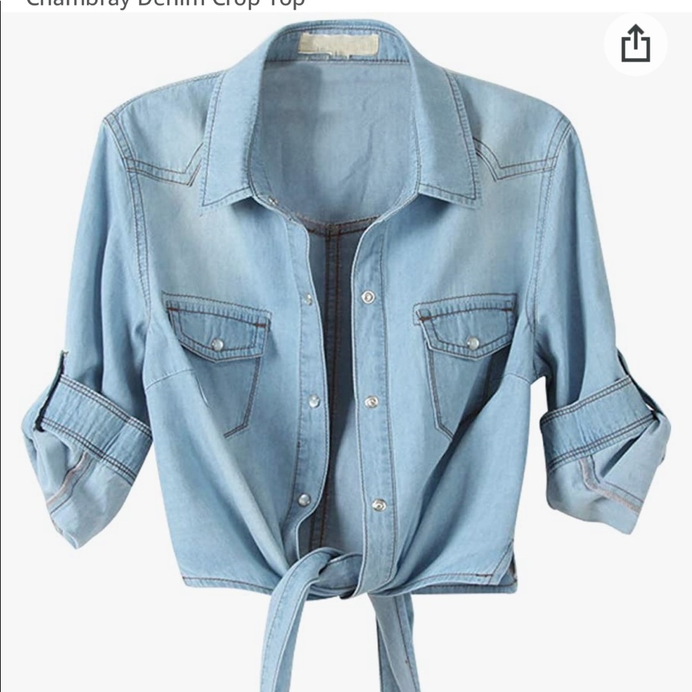 AMEBELLE Women's Roll Up 3/4 Sleeve Tie Front Knot Shirt Chambray Denim Crop